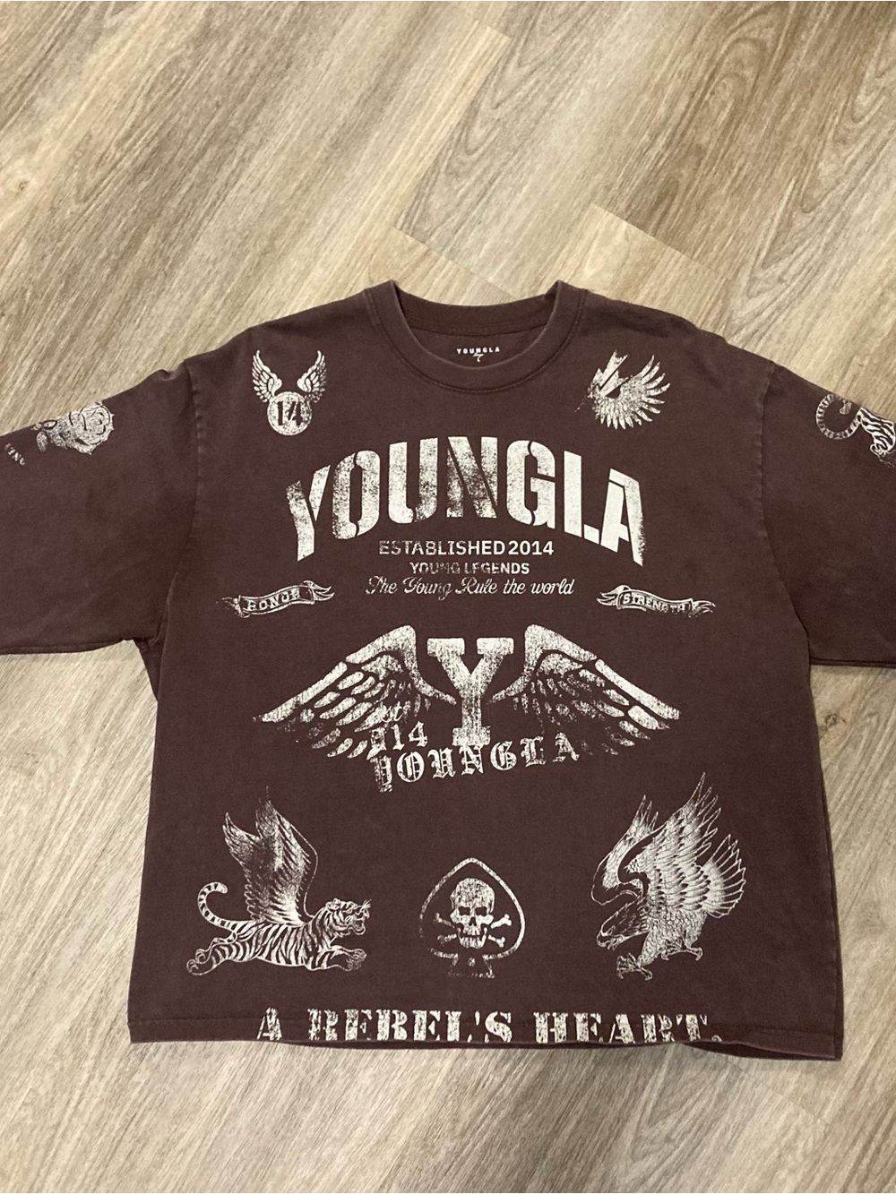 YoungLA Brown Graphic Short-Sleeve Tee with White Prints Sold Out !